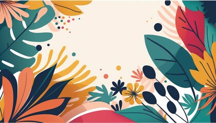blank frame with colorful pastel flowers, copy space for placement, simple minimalistic spring autumn colored leaves and abstract background empty center