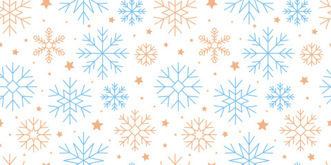 Seamless winter Christmas seasonal pattern with golden and blue snowflakes and stars