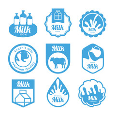 Fototapeta na wymiar Set of Cow milk splashes with letters, Milk Label Collection, Yogurt and Cream Milk Splash drops, Dairy and milk products labels, emblems and logos, health food drink store.