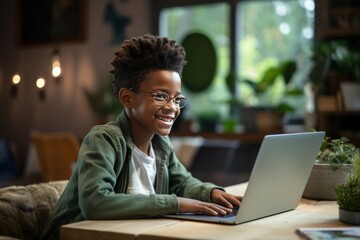 Smiling African American boy sitting at desk with laptop in cozy room. Smart black kid doing his homework, having online lesson, participating in web meeting with tutor. Home schooling concept.