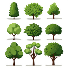 Fototapeta premium vector set of nine flat trees in green tones