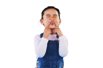 Isolated girl child, funny face or tongue for joke, humor or raspberry with eyes closed by transparent png background. Kid, crazy and mouth for comic game, lips or hands for comedy with playful emoji