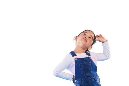 Child, thinking and vision for future, girl and mindfulness for growth, development and mindset. Female person, kid and question and planning or idea and isolated on transparent png background