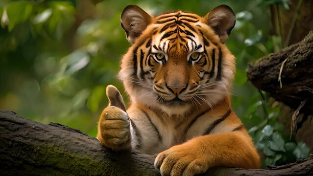 Portrait of friendly tiger making thumbs up gesture. AI generated.