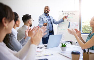 Training, success and black man with presentation in meeting for strategy and progress in startup....