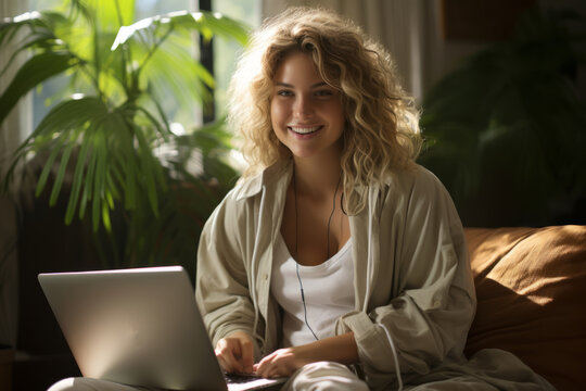 Smiling pretty Caucasian girl sitting on a sofa with laptop in cozy room. Female student studies online, watches webinar or learning course, participates in conference call. Online education concept.