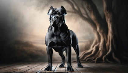 Full-body portrait of a Cane Corso, designed in a 16:9 image ratio, suitable for use as a desktop background