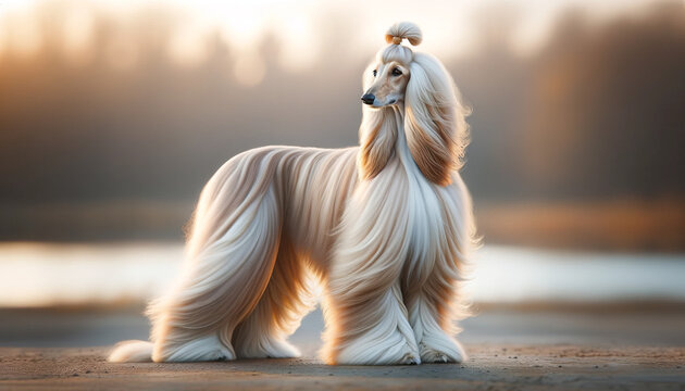 Full-body portrait of an Afghan Hound, presented in a 16:9 image ratio, suitable for a desktop background