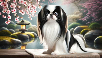 Full-body portrait of a Japanese Chin, designed in a 16:9 image ratio, suitable for use as a desktop background
