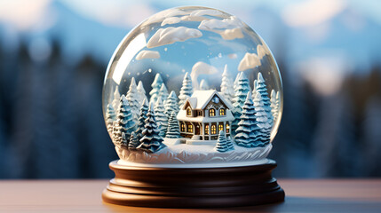 glass globe on the table,  Christmas landscape inside a snow globe, hyper realistic, cinematic lighting, artistic