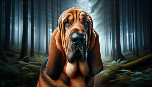 Full-body portrait of a Bloodhound, designed in a 16:9 image ratio, suitable for use as a desktop background