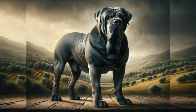 Full-body portrait of a Neapolitan Mastiff, designed in a 16:9 image ratio, suitable for use as a desktop background