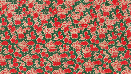 red japanese flowers on green background