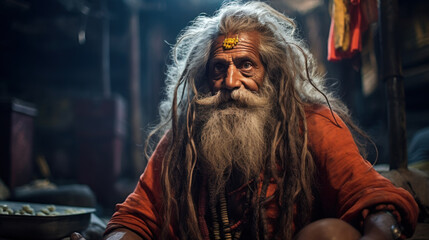 Obraz premium daily life of sadhu Baba Nondo Somendrah, Varanasi, India