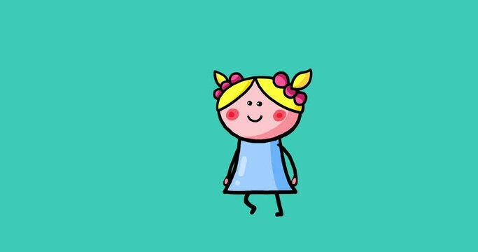 Anka cartoon kid character moves one step green screen black white mask. Moving child serie transparent greenbox. Useful content presenter no background.
