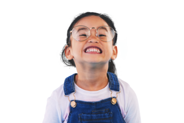 Portrait, smile and girl with glasses, student and education isolated on a transparent background. Face, person and kid with eyewear, geek and nerd with clear vision, knowledge and childhood with png