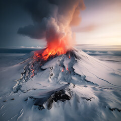 A snow covered Volcano erupting. Generative ai.  - obrazy, fototapety, plakaty