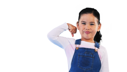Portrait, smile and girl child with strong arm, muscle or power on isolated, transparent or png background. Pride, flex and face of kid model with superhero emoji for growth, success or empowerment