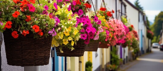 Fototapeta na wymiar Scotland has vibrant street houses with beautiful hanging flower baskets
