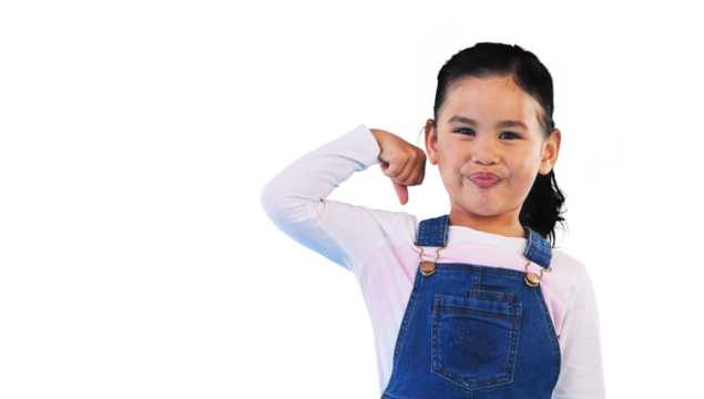 Portrait, smile and girl child with strong arm, muscle or power on isolated, transparent or png background. Pride, flex and face of kid model with superhero emoji for growth, success or empowerment