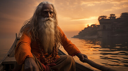 sadhu Baba Nonno Somendrah rowing a boat on the Ganges River, Varanasi, India - obrazy, fototapety, plakaty