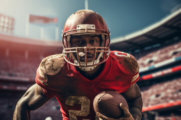 Close-up of professional American football player running with the ball across the stadium field. Determined, powerful, skilled African American athlete ready to win the game. Blurred background. - obrazy, fototapety, plakaty