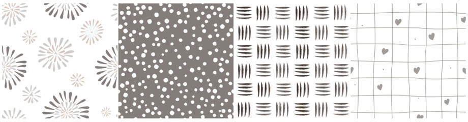 A set of seamless patterns with abstract shapes, dots, lines, a grid with hearts. Monochrome simple background. Vector graphics.