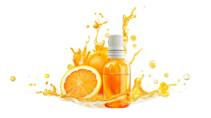 Design element for product presentation layout on transparent background. Vitamin C serum liquid gel in dropper and fresh orange, splash of water or oil drops. 3D realistic. Medical scientific concept