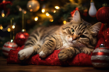 Kitten sleeps on a blanket under the Christmas tree
