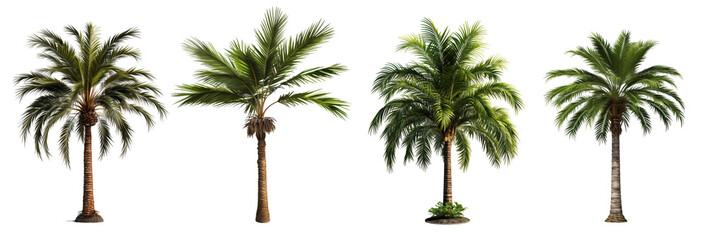 Design element isolated for layout on transparent background. Set of tropical palm trees (сoconut, sugar, аcai, date) 3D realistic jungle plant.  - obrazy, fototapety, plakaty