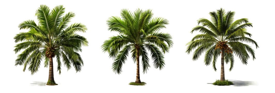 Design element isolated for layout on transparent background. Set of tropical palm trees (сoconut, sugar, аcai, date) 3D realistic jungle plant. 