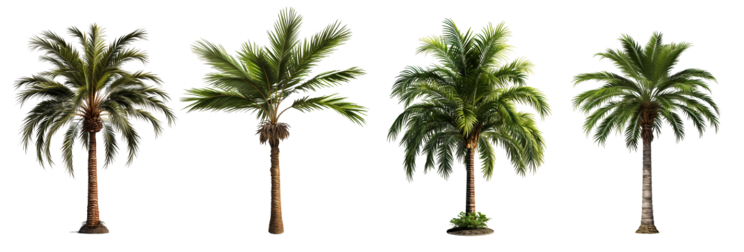 Design element isolated for layout on transparent background. Set of tropical palm trees (сoconut, sugar, аcai, date) 3D realistic jungle plant. 
