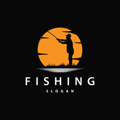 Angler Fishing Logo, Simple Outdoor Fishing Man Silhouette Template Design