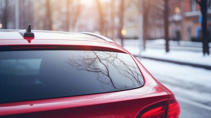 Closeup rear glass window of a car parked on street on summer sunny day, rearview. Mockup empty copy space for stickers or decals