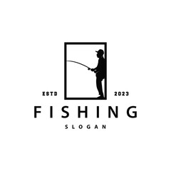 Angler Fishing Logo, Simple Outdoor Fishing Man Silhouette Template Design