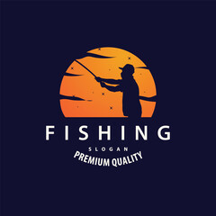 Angler Fishing Logo, Simple Outdoor Fishing Man Silhouette Template Design