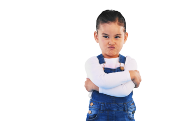 Tantrum, attitude and face of girl child isolated on png transparent background with upset, mad and frustrated expression. Behaviour, pout and young kid with sadness for anger and facial emotion