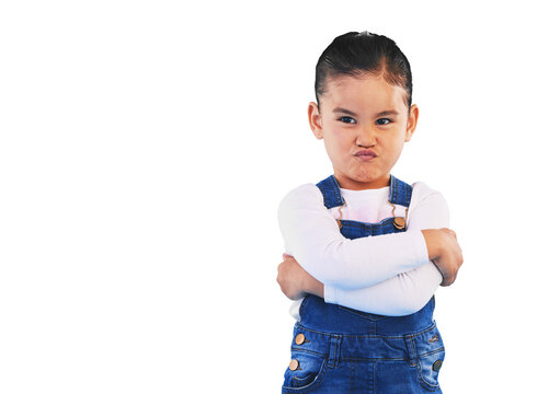 Tantrum, attitude and face of girl child isolated on png transparent background with upset, mad and frustrated expression. Behaviour, pout and young kid with sadness for anger and facial emotion