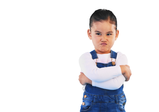 Tantrum, attitude and face of girl child isolated on png transparent background with upset, mad and frustrated expression. Behaviour, pout and young kid with sadness for anger and facial emotion