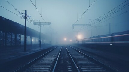 Obraz premium Railway in fog at station with tracks transport railway junction and track transfer arrows, outdoor landscape and foggy background blurred view with copy space for text 