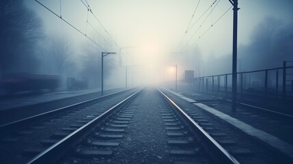 Railway in fog at station with tracks transport railway junction and track transfer arrows, outdoor landscape and foggy background blurred view with copy space for text 