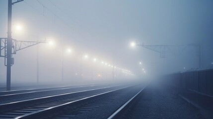 Railway in fog at station with tracks transport railway junction and track transfer arrows, outdoor landscape and foggy background blurred view with copy space for text 