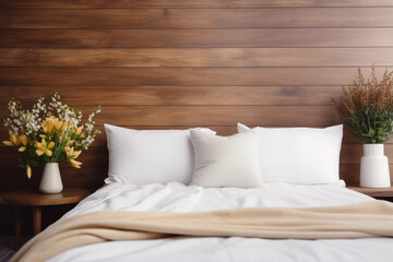 A bed on a wood brown and white background, featuring minimal retouching and a minimalistic, clean style with smooth surfaces.