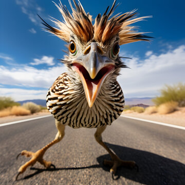 A Roadrunner bird running towards the camera. Generative ai. 