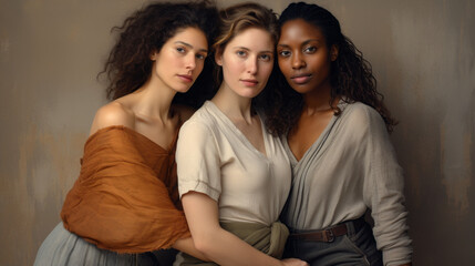 Four vibrant women, adorned in different colors, unite in a stylish gray and amber composition, embodying life force and celebrating diversity.