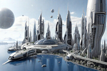 Render of modern city in the space. Created using generative AI tools