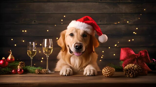 Christmas and New Year holidays concept. Cute dog in Santa Claus red hat.