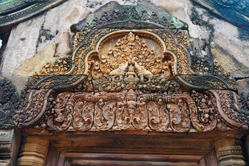 Stories from Hindu epics on Lintel at Banteay Srei - 10th century Hindu temple and masterpiece of...