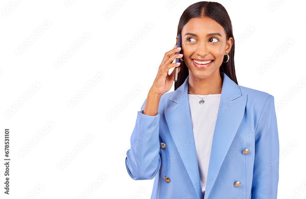 Poster smile, face of woman and phone call isolated on transparent png background for communication, chat a