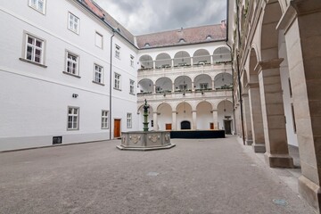 The Renaissance arcaded courtyard of the Linzer Landhaus with the Planet Fountain, Linz, Austria